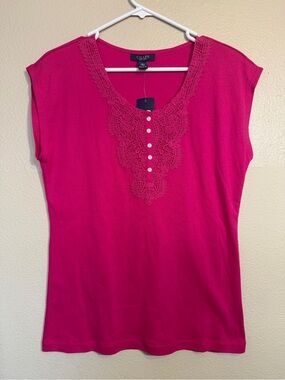 Chaps Women's 100% cotton Bright Pink Lace-Trim Henley Top new L